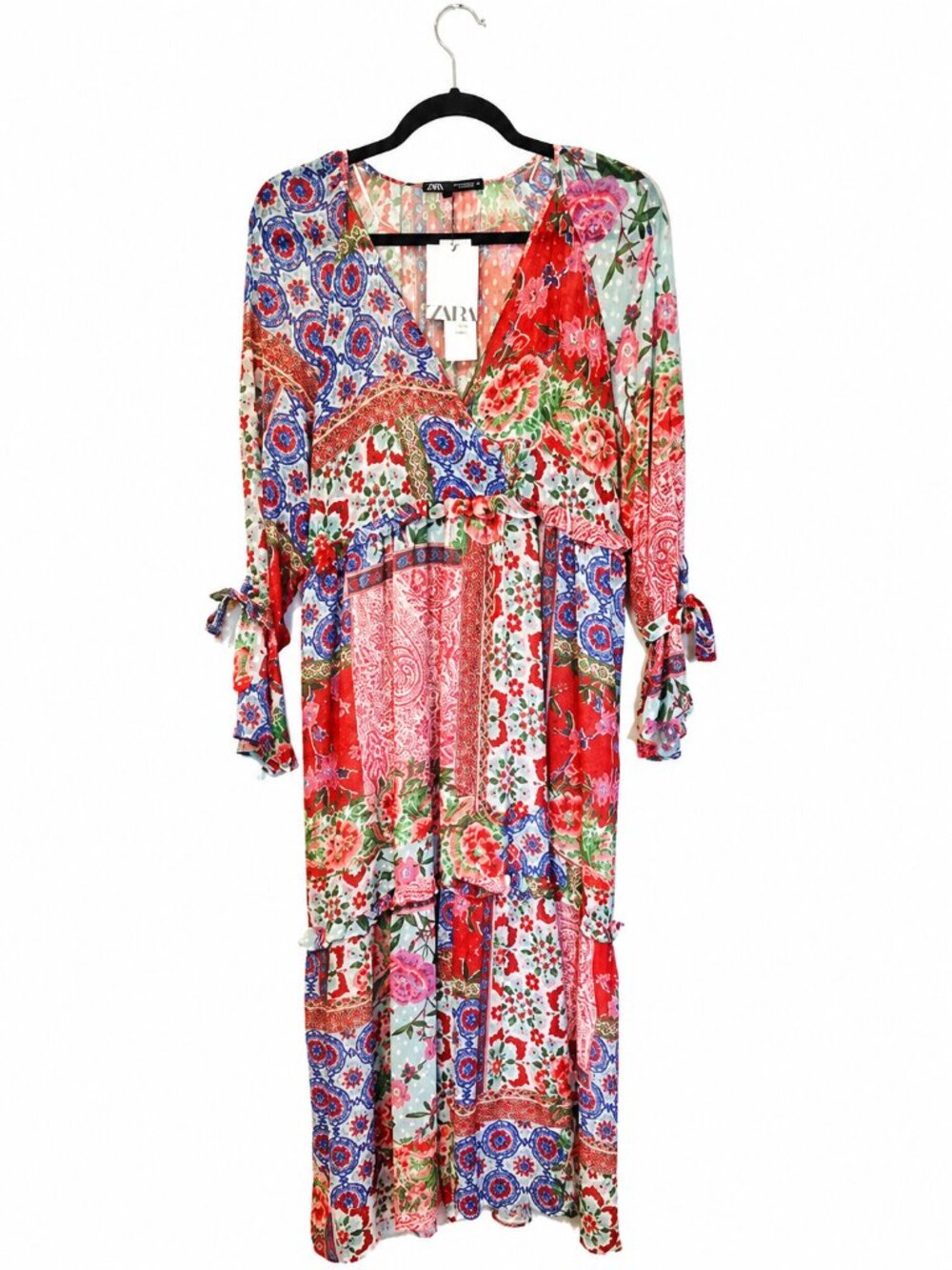 NWT Zara Floral Patchwork Boho Maxi D Multicolor V-Neck Tiered Dress - M - Picture 2 of 14